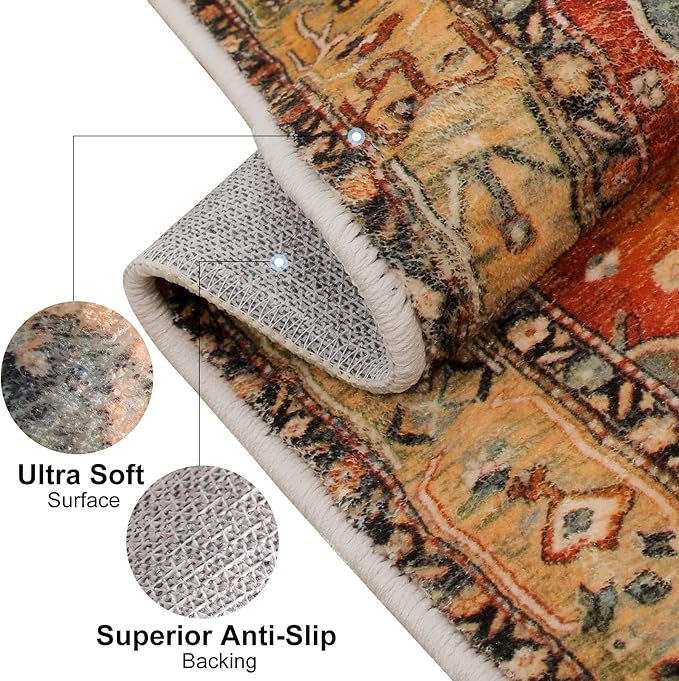 COMSLE Boho Runner Rug, 2' x 8' Washable Rugs for Hallway Faux Wool Small Kitchen Area Rug Distressed Throw Rug Non-Slip Laundry Room Rug Carpet Runner for Entryway Indoor Bedroom