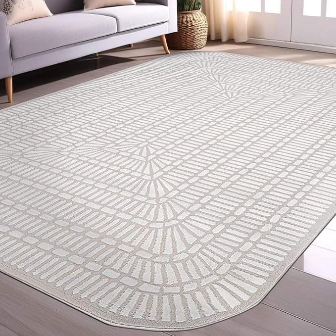 Beverly Rug Modern Geometric Area Rug 8x10 Low-High Pile Durable Soft Abstract Grid Indoor Rugs for Living Dining Room Office Stain Resistant Non Shedding Casual Indoor Carpet Beige White 8 x 10