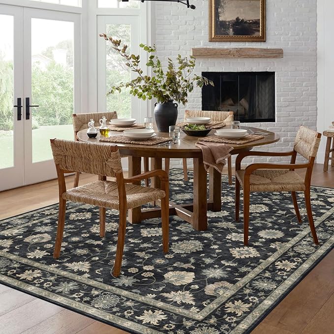 Washable Area Rug 4x6 - Traditional Floral Living Room Rug Soft Boho Bedroom Rug Ultra-Thin Charcoal Black Vintage Farmhouse Dining Room Rugs for Under Table Indoor Carpet for Living Room
