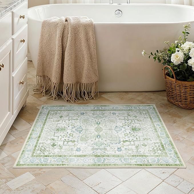 Area Rug 2x3 Doormat, Machine Washable Low Pile Vintage Rugs, Small Lightweight Rug Entryway Indoor Mat for Entrance, Hallway, Kitchen and Corridor, Cream Green