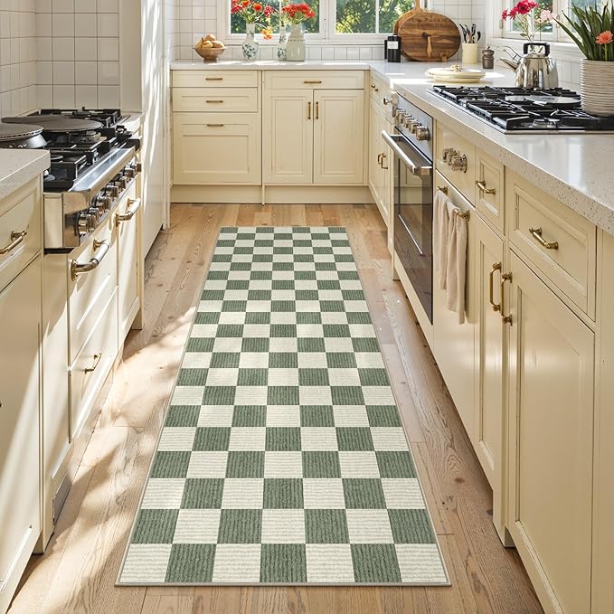 LIVEBOX Washable Runner Rug Checkered, 2x6 Green Runner Rugs for Hallway, Non-Slip Kitchen Runners, Farmhouse Neutral Classic Geometric for Hallways, Entryway, Bedroom, Bathroom(Green 2'x6')