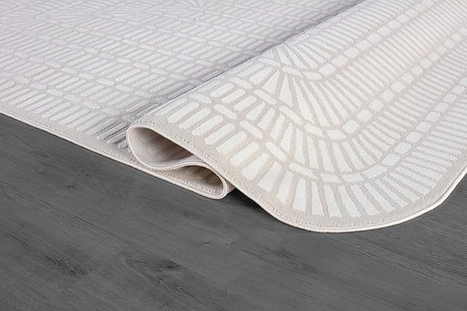 Beverly Rug Modern Geometric Area Rug 8x10 Low-High Pile Durable Soft Abstract Grid Indoor Rugs for Living Dining Room Office Stain Resistant Non Shedding Casual Indoor Carpet Beige White 8 x 10