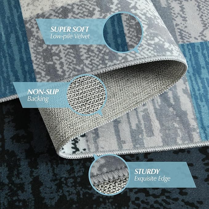 Large Area Rugs,Modern Geometric Patchwork Floor Decor for Bedroom Aesthetic Carpet, Rockwood Collection, Indoor Rugs for Living Room, Dining Room, Nursery, Office, Machine Washable Rug,8x10 Ft Blue