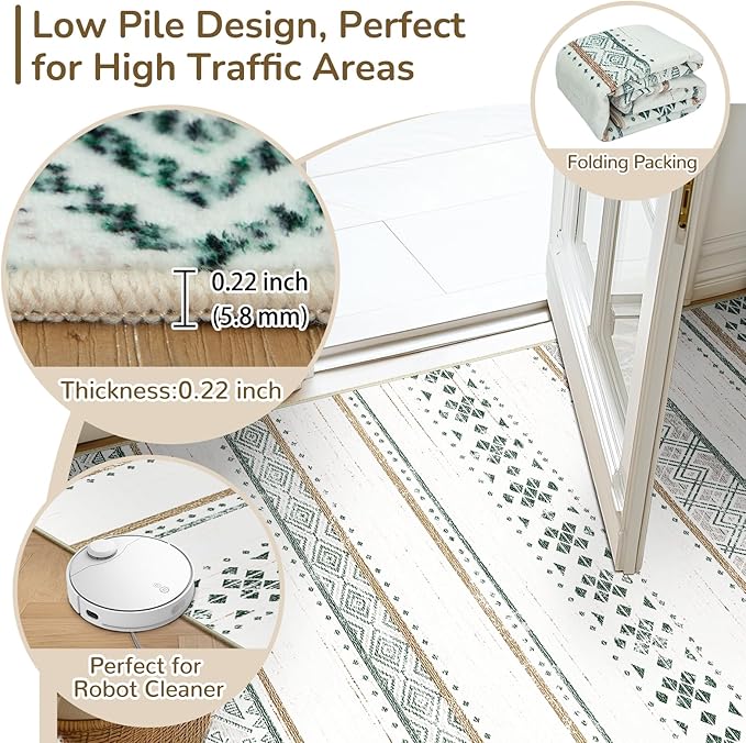 BESTSWEETIE 9x12 Area Rugs for Living Room Washable Moroccan Farmhouse Neutral Geometric Low Pile Non-Slip Soft Print Pattern Rug for Bedroom Kitchen Dining Room Entryway Green/Brown/Brown