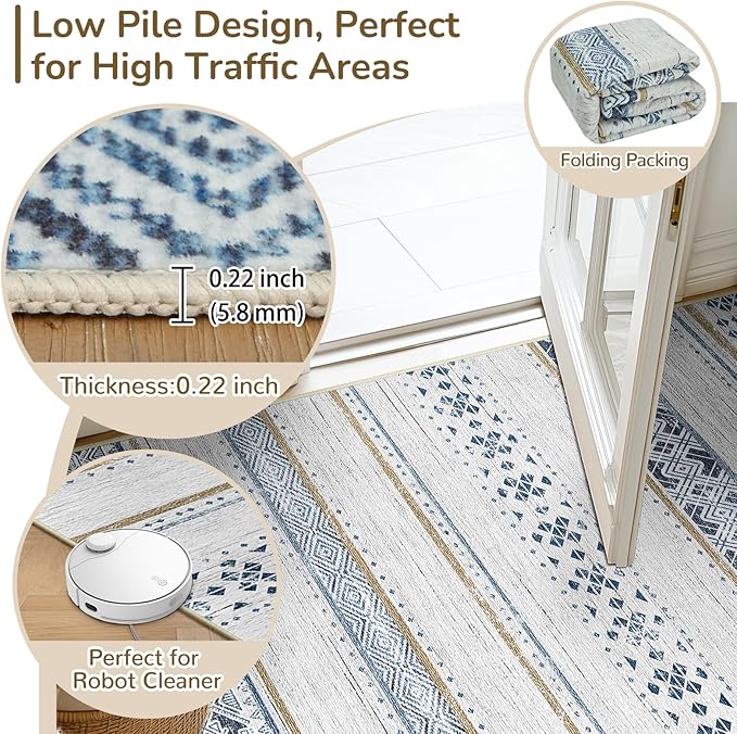 BESTSWEETIE 2x3 Area Rugs for Living Room Washable Moroccan Farmhouse Neutral Geometric Low Pile Non-Slip Soft Print Pattern Rug for Bedroom Kitchen Dining Room Entryway Blue/Brown