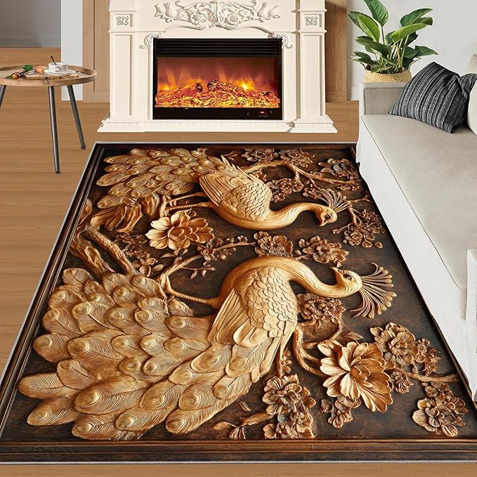 Peacock Rugs for Bedroom - 8x10 Rug, European Style Area Rugs for Living Room, Peacock Decor Carpet, Gold Peafowl Washable Area Mat, Luxury Carpet - Peafowl Home Decor & Gifts