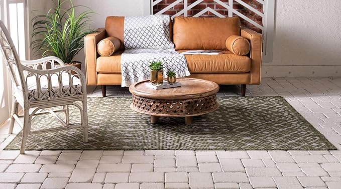 Unique Loom Outdoor Trellis Collection Area Rug - Tribal Trellis (9' x 12' Rectangle, Green/ Natural)