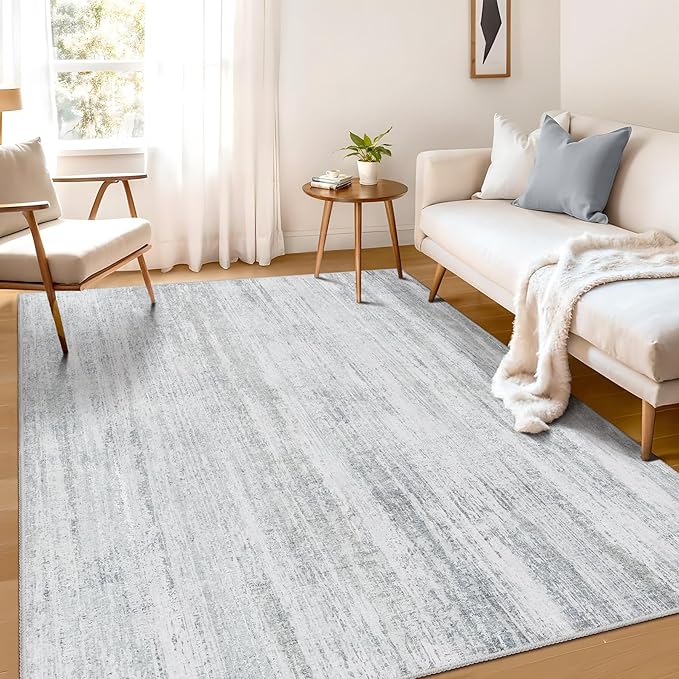 MUJOO 5x7 Washable Area Rug,Modern Abstract Rugs for Living Room Bedroom Dining Room,Large Non Slip Carpet Indoor,Low Pile Throw Rug Accent Neutral Grey