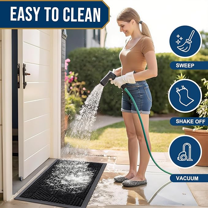 Kitinjoy Front Door Mat Outside Entrance, Sturdy Natural Dirt Trapper, Heavy Duty Rubber Doormat, Low Profile Non-Slip Backing, Easy Clean Floor Mat for Indoor Outdoor Entry, 47X23 Inch, Black