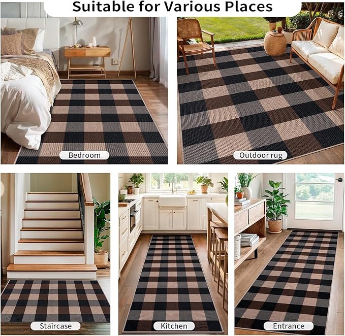 Tangsoo Checkered Easy Jute Rug,3x5 Washable Area Rug for Bedroom,Non-Slip Black Brown Indoor Outdoor Rug Modern Farmhouse Low Pile Carpet for Bedroom Patio Backyard Entryway
