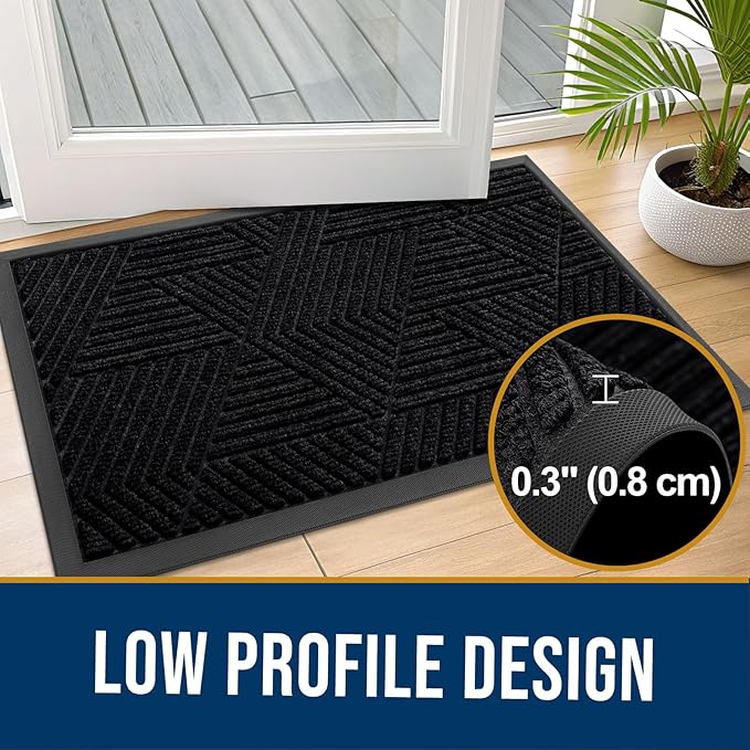 Kitinjoy Front Door Mat Outside Entrance, Sturdy Natural Dirt Trapper, Heavy Duty Rubber Doormat, Low Profile Non-Slip Backing, Easy Clean Floor Mat for Indoor Outdoor Entry, 47X23 Inch, Black