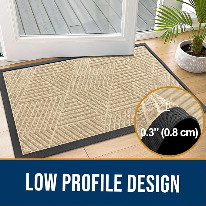Kitinjoy Front Door Mat Outside Entrance, Sturdy Natural Dirt Trapper, Heavy Duty Rubber Doormat, Low Profile Non-Slip Backing, Easy Clean Floor Mat for Indoor Outdoor Entry, 29.5X17 Inch, Beige
