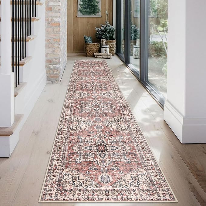 KOZYFLY Runners for Hallways 2x12 Ft Extra Long Washable Kitchen Runner Rug Boho Entryway Rug for Hallways Indoor Printed Faux Wool Stair Runner Carpet for Stairs Kitchen Hall, Terracotta/Beige