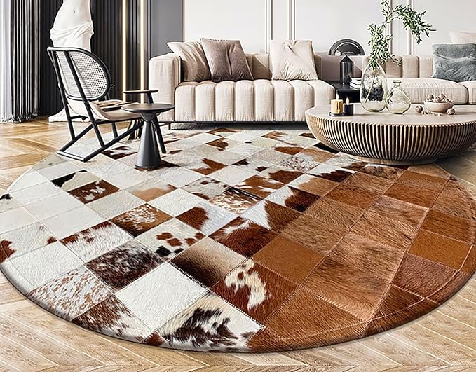 Round Cowhide Leather Rug 3x3 ft – Natural Brown Patchwork Carpet for Living Room, Bedroom, Lounge & Farmhouse Decor | Western Style Animal Skin Area Rug