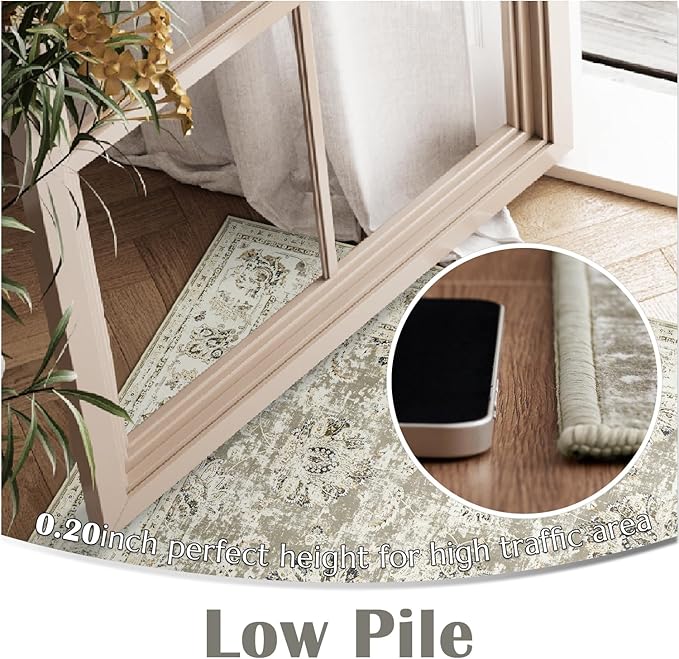 jinchan Fiora Hallway Runner Rug 3x8 Washable Runner - Vintage Floral Non Slip Low-Pile Soft Thin Faux Wool Kitchen Rug Distressed Carpet for Farmhouse Bedroom Laundry Room(3x8ft, Taupe)
