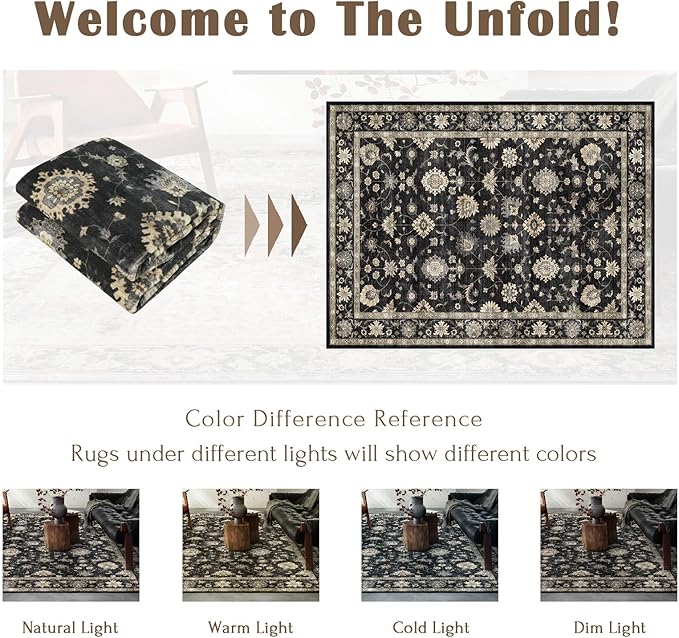 Area Rugs 10x14 Living Room - Large Washable Charcoal Black Boho Rugs for Bedroom Soft Vintage Farmhouse Rug Ultra-Thin Traditional Floral Carpet Moody Rug for Dining Room Guest Room Home Decor