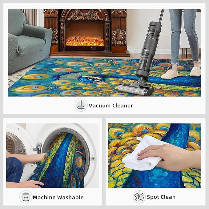 Peacock Area Rug 5x8-5x8 Rug, Wonderful Peacock Rugs for Living Room, Teal Turquoise Carpet, Peafowl Washable Area Rugs for Bedroom, Aesthetics Carpet - Peafowl Home Decor & Gifts