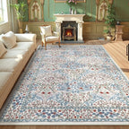 Lahome Floral Washable Rugs 8x10, Soft 8x10 Area Rugs for Living Room Bedroom, Boho Non-Slip Forest Stain Resistance Large Throw Carpet for Farmhouse Dining Room Office, Beige/Blue