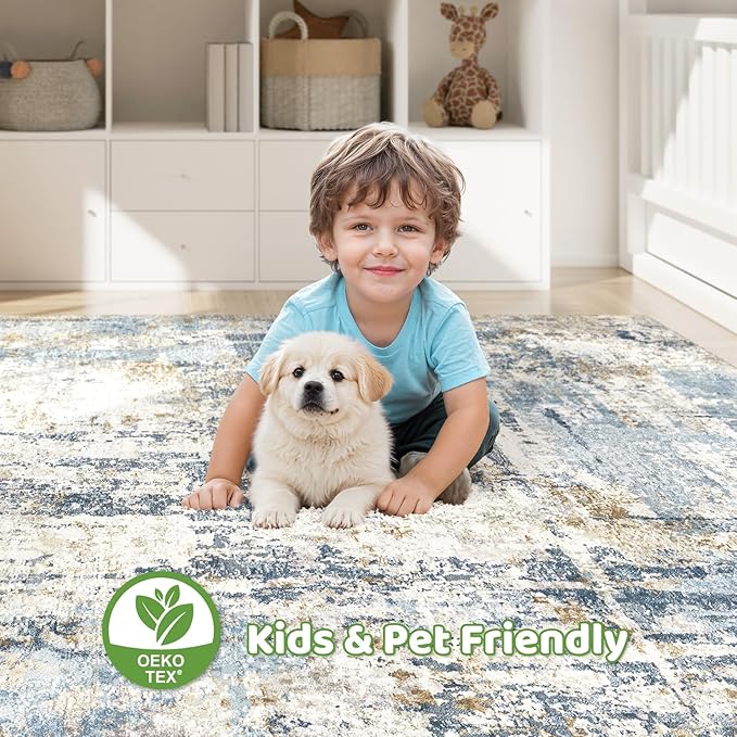 5x8 Area Rug Washable Rugs: Large Abstract Modern Soft Stain Resistant Indoor Floor Non-Slip Accent Carpet for Living Room Bedroom Nursery Playroom Dining Room Office Dorm Home House- Light Blue