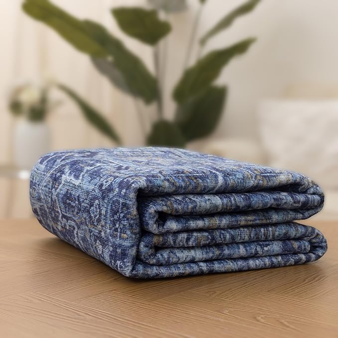 ReaLife Rugs Machine Washable Area Rug - Living Room Bedroom Bathroom Kitchen Entryway Office - Padded Low Pile Stain Resistant Premium - Boho Vintage Traditional - Lyle - Blue 7'6" x 9'6"