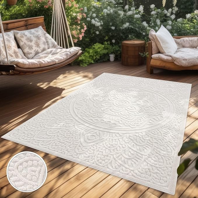 Paco Home Modern in- and Outdoor Rug with Carved Oriental Mandala Pattern in Cream, Size: 7'10" x 11'2"