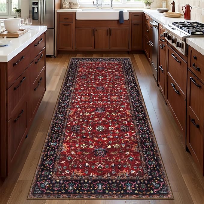 Tangsoo Floral Washable Runner Rug, 2x5 Rug Runners for Hallways Non Slip, Vintage Boho Runner Rug for Entryway Indoor, Blue Print Carpet Runner, Soft Low Pile Runner for Kitchen Bedroom Red