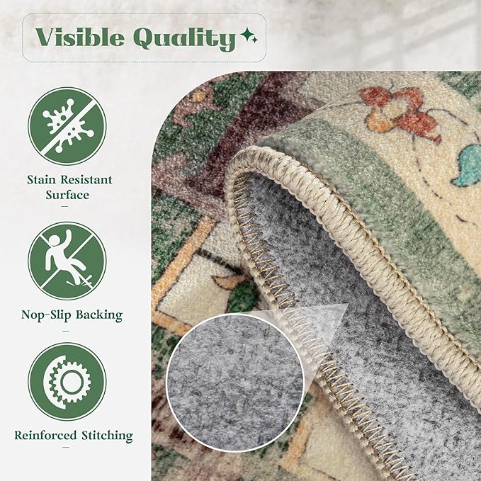Area Rug 9x12 Washable Rug, Vintage Boho Medallion Rugs Non-Slip Soft Low Pile Large Distressed Rug Indoor Retro Carpet for Living Room Bedroom Dining Room Home Office (Green Beige, 9'x12')