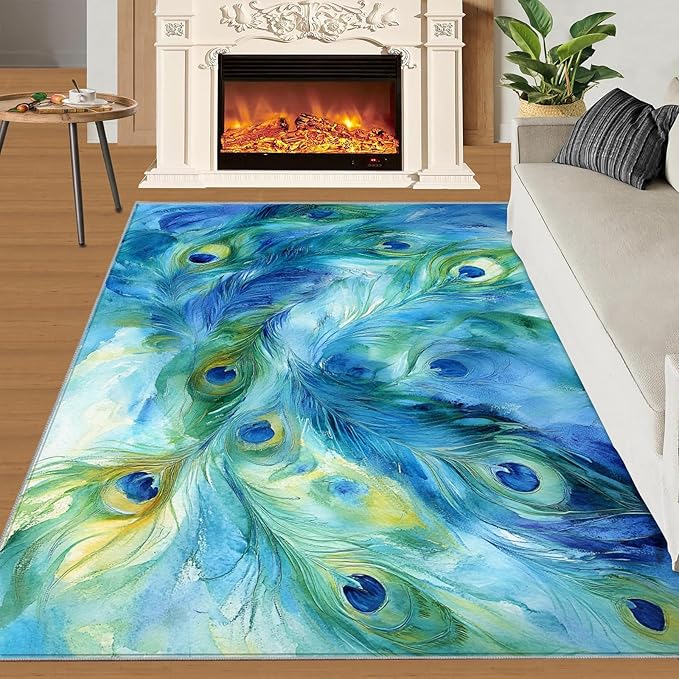 Peacock Feather Rug 5x6-5x6 Rug, Teal Turquoise Area Rugs for Bedroom, Malachite Green Feather Rugs for Living Room, Peafowl Washable Mat, Peacock Feather Carpet - Peafowl Home Decor & Gifts