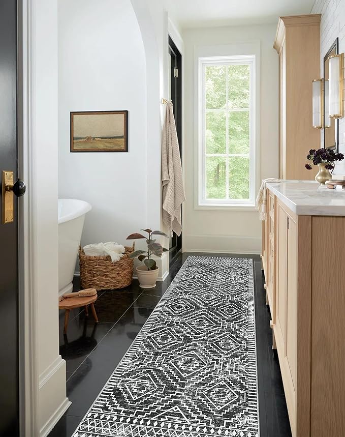 Wonnitar Moroccan Hallway Runner Rug 10 ft, Machine Washable 2'6"x10' Long Runner Rugs for Kitchen, Boho Non-Skid Soft Low Pile Carpet Runner for Entryway Hall Entrance (Dark Grey,2'6"x10')