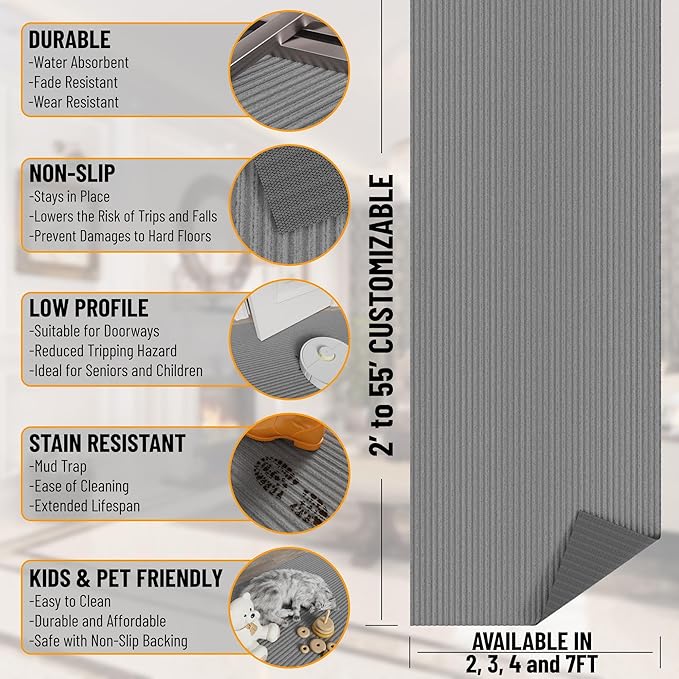 Ottomanson 2' x 18' Hallway Runner with Scraper Pile Extra Durable Non-Slip Rug Mat for Indoor & Outdoor Use - Ideal for Kitchen, Entryway, Patio & Garage - High-Traffic Carpet, Gray