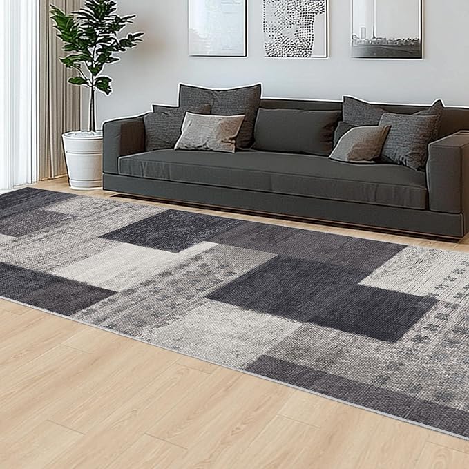 Modern Geometric Patchwork Indoor Runner Rug for Living Room, Charcoal 2.7'x 8' Rug Rockwood Collection Hardwood Floors Decor for Bedroom, Grey Throw Carpet for Office Entryway Dining Room