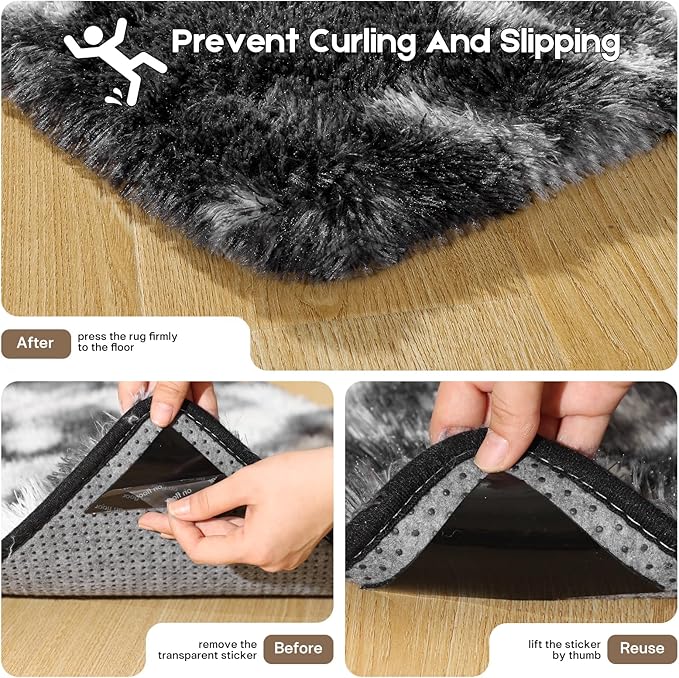 Black and White Rugs for Bedroom, 4x6 Fluffy Small Area Rugs for Living Room, Soft Shag Fuzzy Carpet with 4 Non-Slip Stickers for Kids Boys and Girls Nursery Room Dorm Home Decor (4ft x 6ft)
