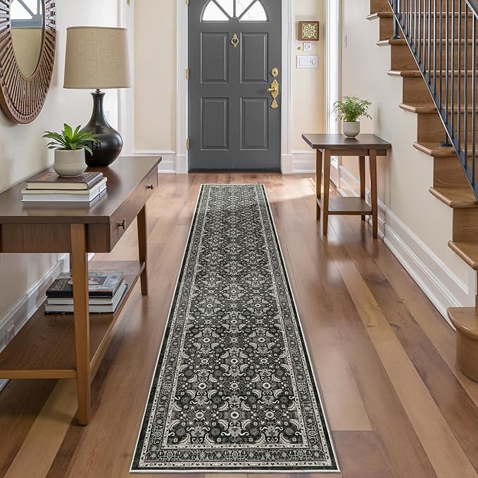 WITSHOCK Black Boho Washable 2x8 Kitchen Runner Rug,Vintage Neutral Hallway Rugs for Entryway,Soft Distressed Floor Mat for Bedroom,Entrance,Indoor Back Door(Black,2x8)