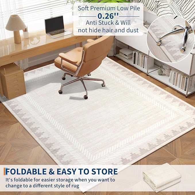 RUGSREAL Machine Washable 5×7 Low Pile Area Rug for Living Room Dining Room Modern Bordered Non Slip Soft Indoor Carpet Foldable Stain Resistant Non-Shedding Rugs for Bedrrom Office Decor, Beige