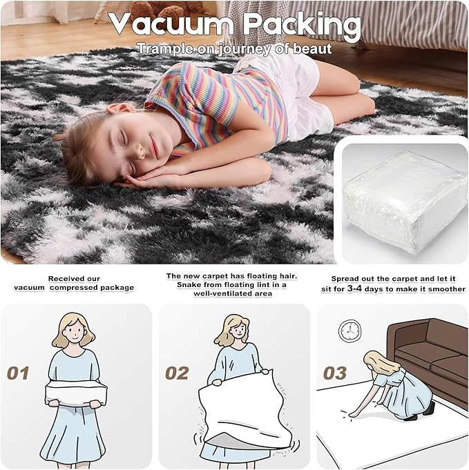 6x9 Area Rugs for Living Room, Fluffy Large Rugs for Bedroom, Soft Shag Fuzzy Non-Slip Carpet for Kids Boys and Girls Nursery Room Dorm Indoor Home Decor (Black and White, 6ft x 9ft)
