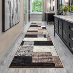 Indoor Runner Rug, Washable Runner Rug with Rubber Backing, Modern Geometric Patchwork Aesthetic Carpet for Bedroom, Living Room, Hallway, Entryway, Washable Rugs Rockwood Collection,2.7x8Ft Chocolate