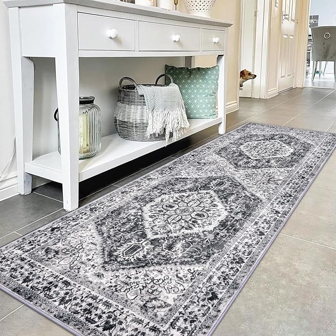 KOZYFLY Runners for Hallways 2x6 Ft Washable Kitchen Runner Rug Non Slip Runners for Entryway Indoor Printed Faux Wool Hallway Rugs Floor Carpet for Bedroom Kitchen Hall, Grey