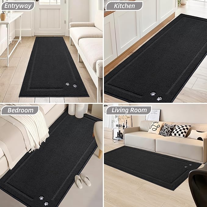 BEQHAUSE Dog Door Mat for Muddy Paws 32"x70" Dirt Trapper Absorbent Doormat Non Slip Entryway Rugs Washable Stain Resistant Welcome Floor Mat Soft Low-Profile for Front Back Door, Black