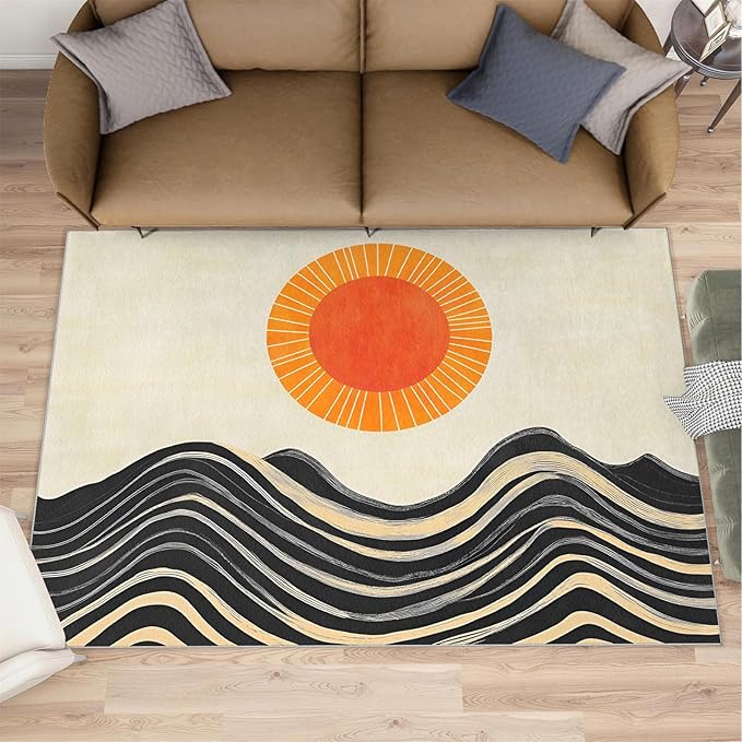 Boho Sun Area Rugs 5x6ft, Watercolor Mountain Rugs for Kids Bedroom, Abstraction Deco Office Rug Low Pile are Not Stumbling Foot for Living Room End Table Nursery