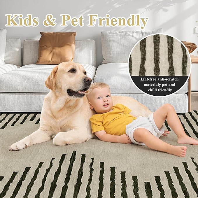 HelloTree Area Rug for Living Room 9x12 Washable Geometric Moroccan Rug Stripe Farmhouse Bohemian Minimalistic Non Slip Non Shedding Ultra Thin Soft Rug for Bedroom Office DiningRoom Nursery-Cream