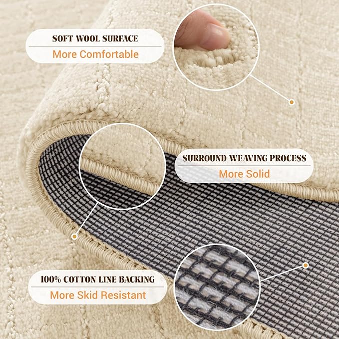 Shilucheng Wool Rug 9x12 Non-Slip, Blend 80% Wool and 20% Cotton Rugs for Living Room, Bedroom, Dinning Room, Soft Durable Cotton Backing Modern Area Rug (Beige/White)