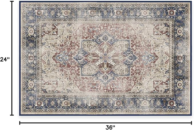 RUGGABLE Washable Vintage Area Rug – Kamran Royal Blue 2x3, Stain-Resistant, Non-Slip – Small Machine Washable Rugs for Living Room, Bedroom, Hallway, Entryway & Bathroom–with Standard Pad