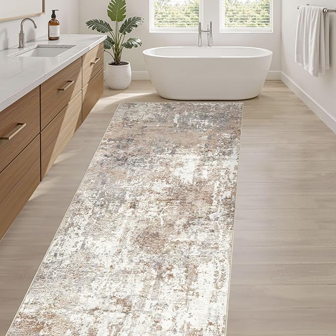 Runner Rug Kitchen Washable Rugs: 3x8 Non-Slip Abstract Soft Modern Stain Resistant Indoor Floor Neutral Accent Throw Carpet for Hallway Bathroom Laundry Room Entryway Bedroom- Brown