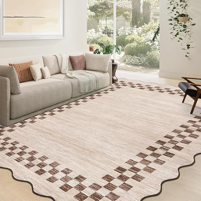 GarveeHome 10x13 Area Rug Large Living Room Scalloped Rug Non Slip Low Pile Bedroom Throw Carpet Soft Modern Bordered Dining Room Rug Stain Resistant Boho Carpet for Home Office, Beige