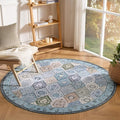 Phantoscope Washable Round Area Rug 6ft Non-Slip, Vintage Boho Rugs for Living Room, Bedroom, Dining Room, Distressed Moroccan Mosaic Diamond Pattern, Low-Pile Foldable Floor Carpet, Blue Teal/Neutral