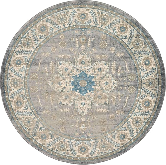 Unique Loom Salzburg Collection Classic Traditional Design Oriental Inspired Border Area Rug (8' 0 x 8' 0 Round, Gray/Beige)