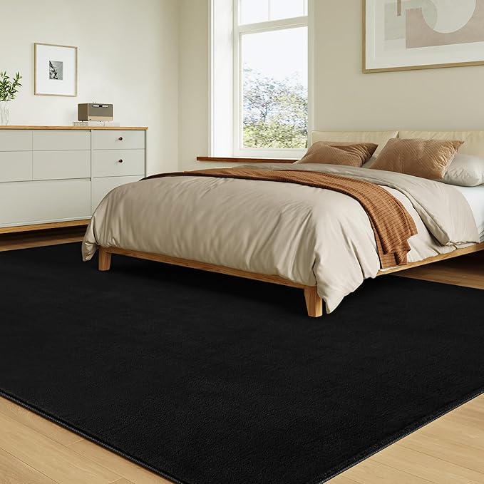 Solid Washable Area Rug - 8x10 Medium Pile Faux Cashmere Carpet for Living Room Bedroom, Black