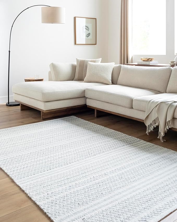 Mark&Day Wool Rugs, 5x8 Precious Solid and Border Cream/Black Area Rug, Cream Black Carpet for Living Room, Bedroom or Kitchen (5' x 7'6")