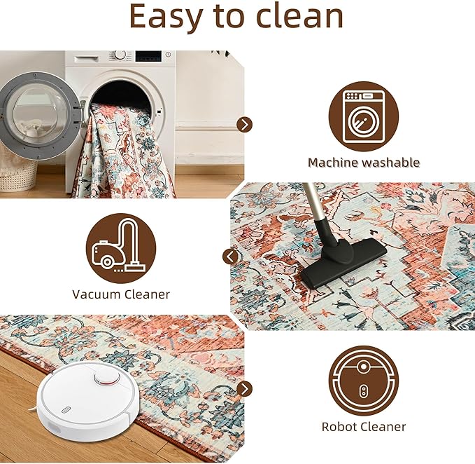 YJ.GWL Area Rugs for Living Room 9x12 Machine Washable Rugs, Non Slip Floral Vintage Rug Indoor Carpet, Stain Resistant Large Rug for Bedroom Dining Room, Copper Tan