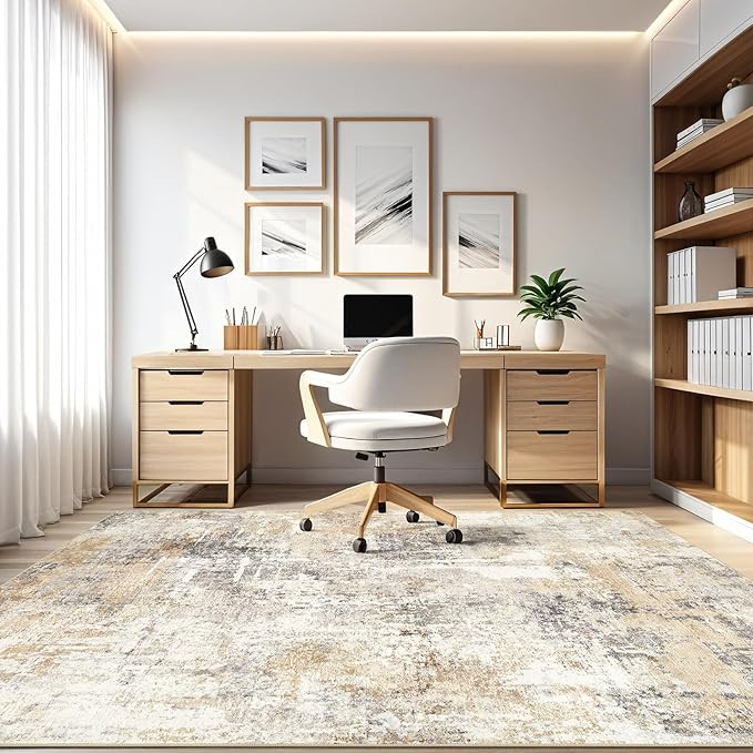 8x10 Area Rugs Living Room: Washable Large Abstract Neutral Modern Soft Rug Stain Resistant Indoor Floor Non-Slip Accent Carpet for Bedroom Nursery Playroom Dining Room Office Dorm Home- Grey Gold